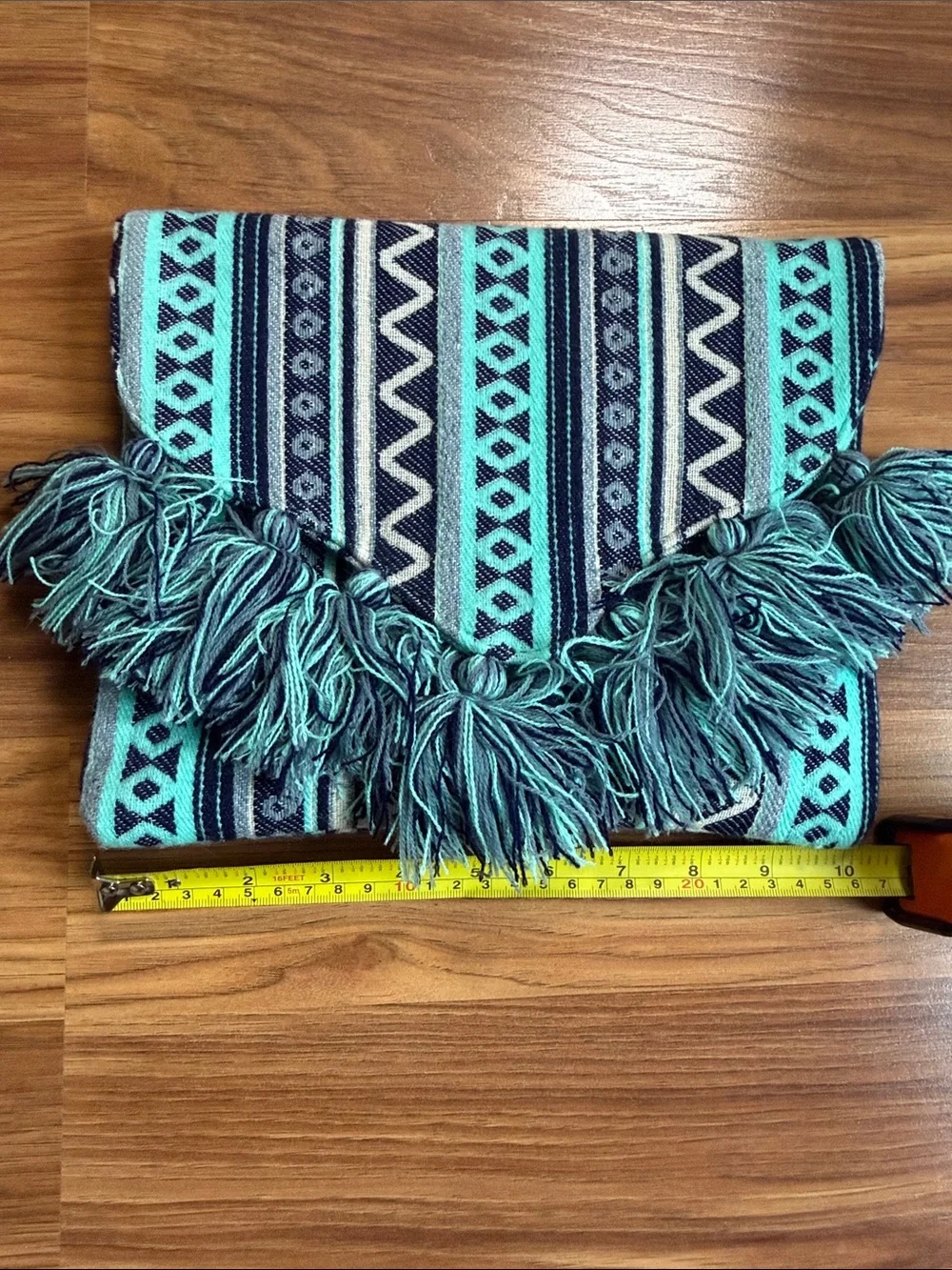 Mud Pie Teal and Navy Southwestern Fringe Fold-Over Clutch